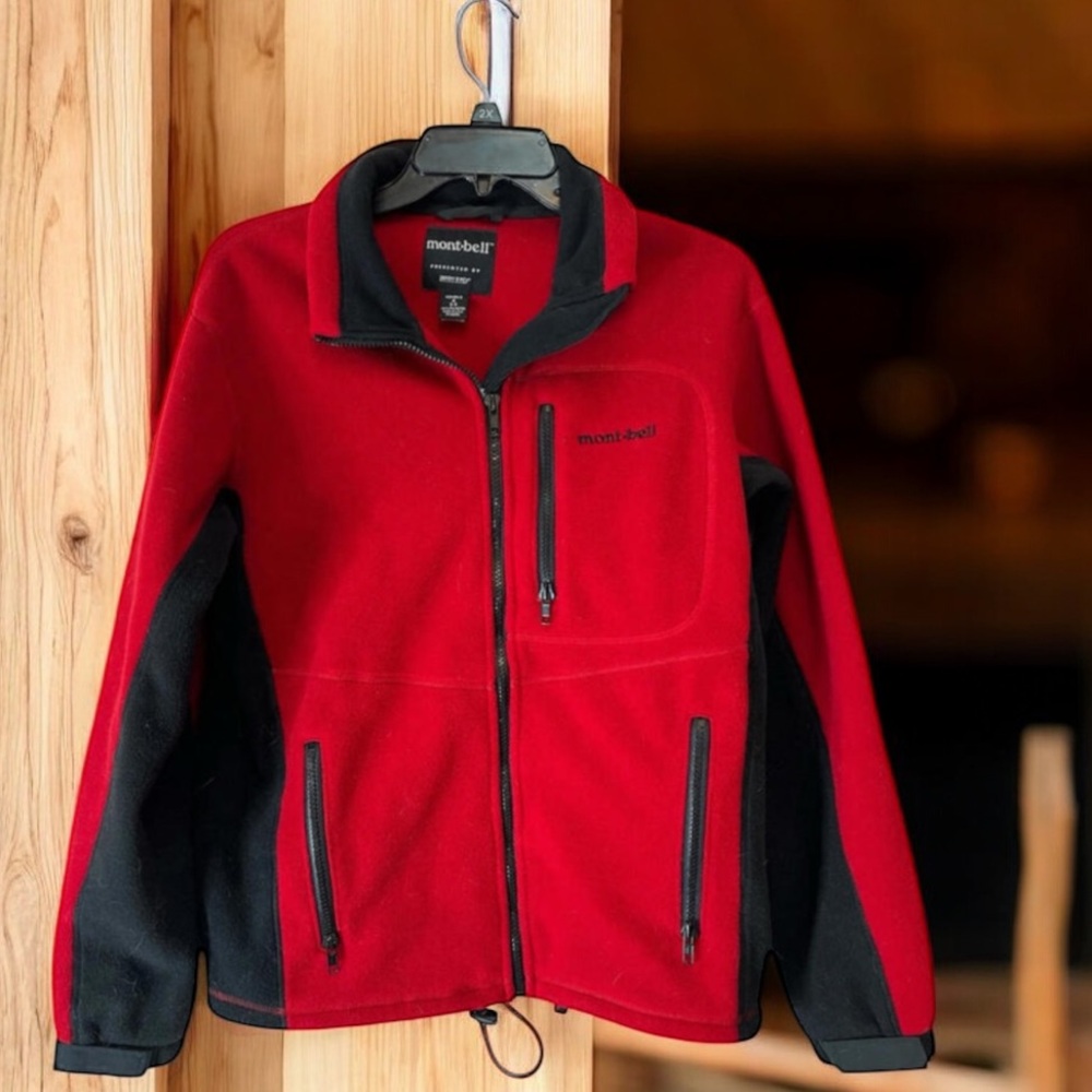 Montbell‎ Red Black Zip Outdoor Hiking Fleece Jacket Mens S